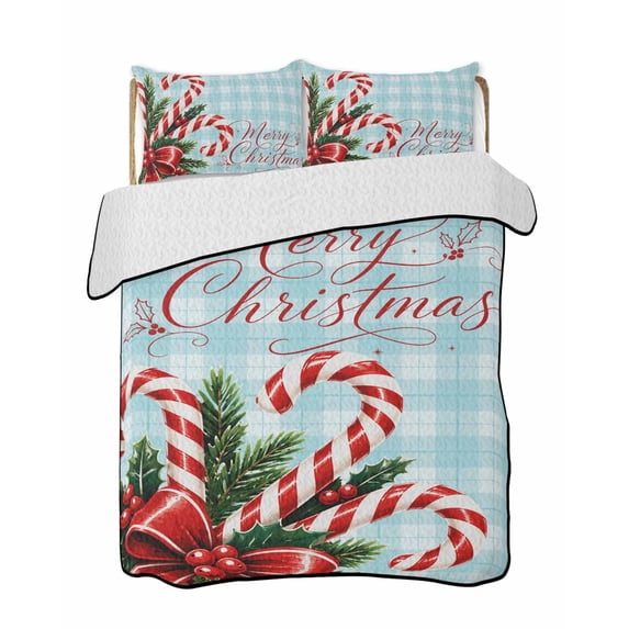 Twin XL Quilt Bedding Set, Christmas Reversible Summer Quilt 3 Pieces, Xmas Canes Berries Pine Cone Blue Plaid Lightweight Bedspreads Coverlets with 2 Pillow Shams for All Seasons