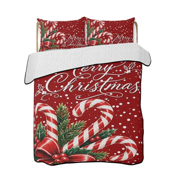 Twin XL Quilt Bedding Set, Christmas Reversible Summer Quilt 3 Pieces, Xmas Canes Berries Pine Cone Red Dotted Lightweight Bedspreads Coverlets with 2 Pillow Shams for All Seasons