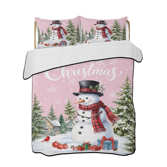 Twin XL Quilt Bedding Set, Christmas Snowman Reversible Summer Quilt 3 Pieces, Winter Snowflakes Country Xmas Trees Pink Lightweight Bedspreads Coverlets with 2 Pillow Shams for All Seasons