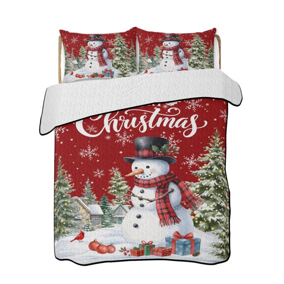 Twin XL Quilt Bedding Set, Christmas Snowman Reversible Summer Quilt 3 Pieces, Winter Snowflakes Farmhouse Xmas Tree Red Lightweight Bedspreads Coverlets with 2 Pillow Shams for All Seasons
