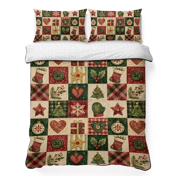 Twin XL Quilt Bedding Set, Christmas Theme Check 3 Piece Bedding Set Lightweight Breathable Quilt with 2 Pillow Shams, Holly Berry Xmas Tree Snow Soft Microfiber Summer Comforter for Hot Sleepers