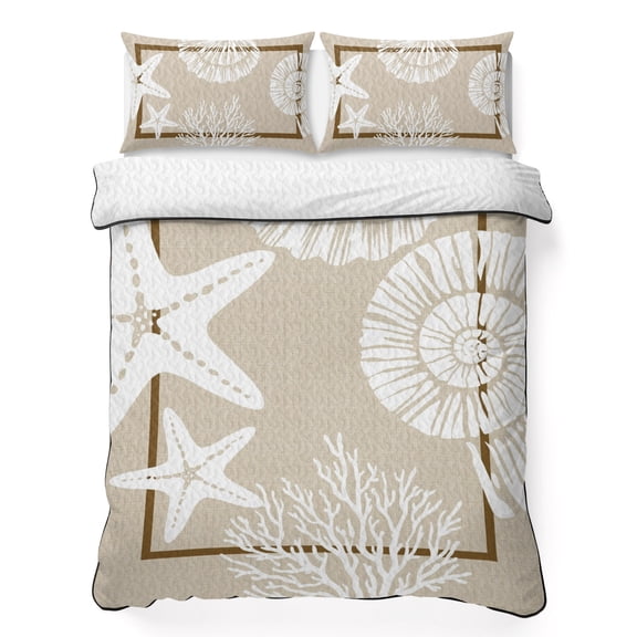 Twin XL Quilt Bedding Set Coastal Ocean Life on Beige Lightweight Summer Quilted Coverlet for Hot Sleepers, Sea Starfish Shell Conch Coral Breathable Soft Blanket with 2 Pillow Shams for All Season