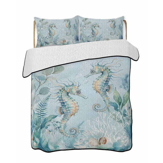 Twin XL Quilt Bedding Set, Coastal Seahorse Reversible Summer Quilt 3 Pieces, Summer Green Eucalyptus Leaves Coral Lightweight Bedspreads Coverlets with 2 Pillow Shams for All Seasons