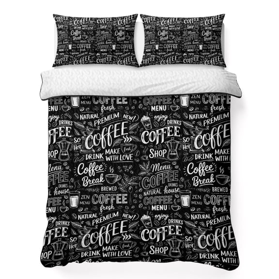 Twin XL Quilt Bedding Set Coffee Time White Quote on Black Lightweight Summer Quilted Coverlet for Hot Sleepers, Milk Tea Cup Cocoa Bean Breathable Soft Blanket with 2 Pillow Shams for All Season
