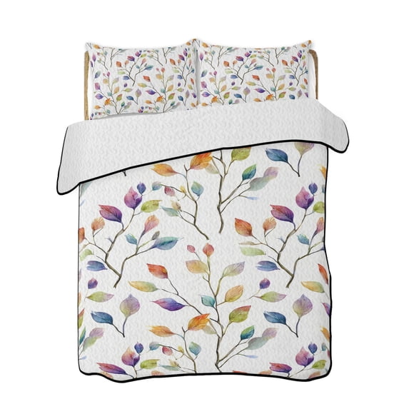 Twin XL Quilt Bedding Set, Colorful Leaves Reversible Summer Quilt 3 Pieces, Farmhouse Branches Botanical Lightweight Bedspreads Coverlets with 2 Pillow Shams for All Seasons