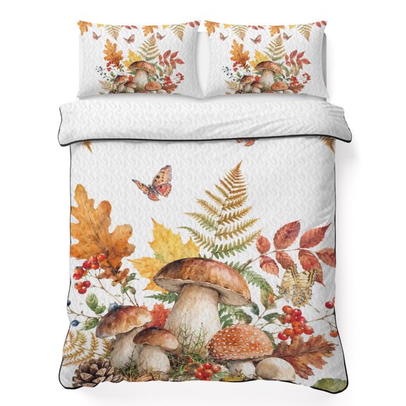 Twin XL Quilt Bedding Set Country Mushroom Berry Leaf Lightweight Summer Quilted Coverlet for Hot Sleepers, Farmhouse Fall Botanical Butterfly Breathable Soft Blanket with 2 Pillow Shams