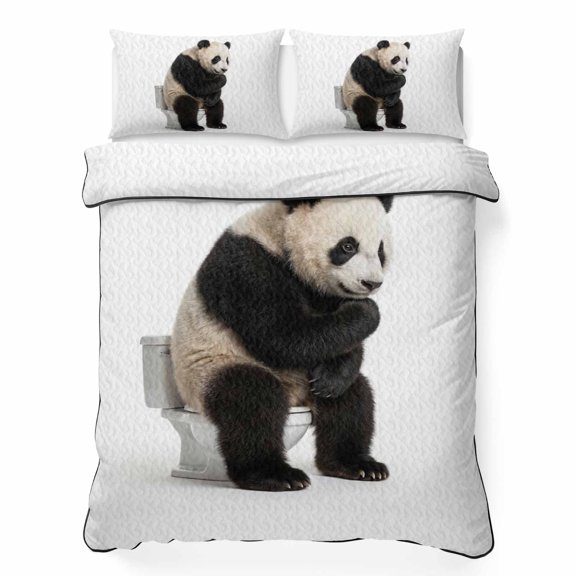 Twin XL Quilt Bedding Set Cute Panda on Toilets Breathable Summer Cooling Blanket for Hot Sleepers, Funny Animal Abstract Style Lightweight Soft Bedding Set with 2 Pillow Shams for All Season