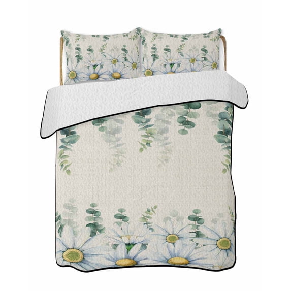 Twin XL Quilt Bedding Set, Daisy Eucalyptus Leaves Reversible Summer Quilt 3 Pieces, Rustic Weeping Botanical Linen Lightweight Bedspreads Coverlets with 2 Pillow Shams for All Seasons