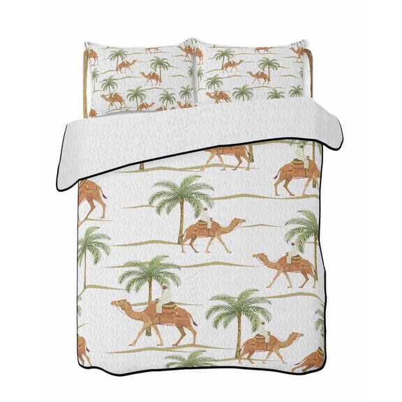 Twin XL Quilt Bedding Set, Desert Camels Reversible Summer Quilt 3 Pieces, Tropical Date Palm Trees Animal Lightweight Bedspreads Coverlets with 2 Pillow Shams for All Seasons