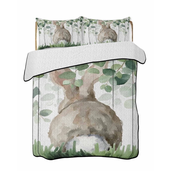 Twin XL Quilt Bedding Set, Easter Reversible Summer Quilt 3 Pieces, Country Rabbit Botanical Leaves Wooden Grain Lightweight Bedspreads Coverlets with 2 Pillow Shams for All Seasons