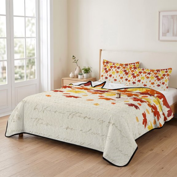 Twin XL Quilt Bedding Set, Fall Maple Leaf on Retro Letter Lightweight Coverlet Summer Comforter Set Soft Microfiber Bedspread, Autumn Thanksgiving Theme 3 Piece Quilt Set with 2 Pillow Shams