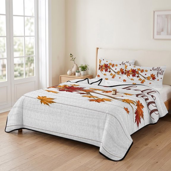 Twin XL Quilt Bedding Set, Fall Orange Maple Leaf Branch Lightweight Coverlet Summer Comforter Set Soft Microfiber Bedspread, Thanksgiving Farm Retro Wood Board 3 Piece Quilt Set with 2 Pillow Shams