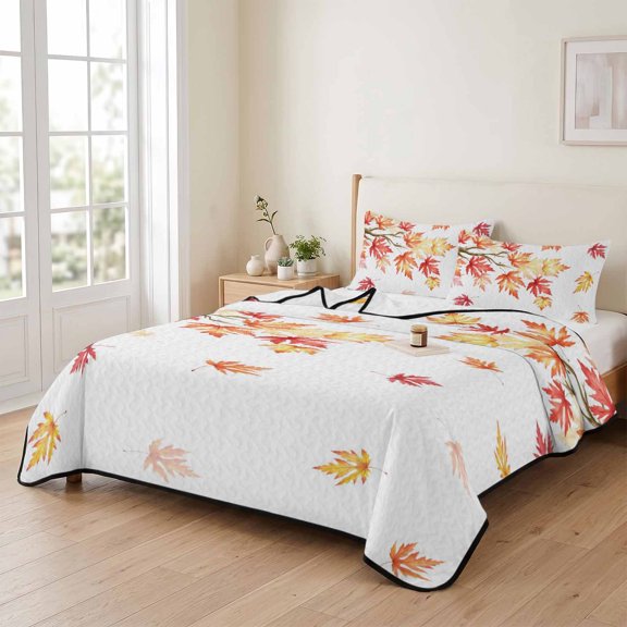 Twin XL Quilt Bedding Set, Farm Fall Maple Leaves Lightweight Coverlet Summer Comforter Set Soft Microfiber Bedspread, Thanksgiving Botanical Leaf 3 Piece Quilt Set with 2 Pillow Shams