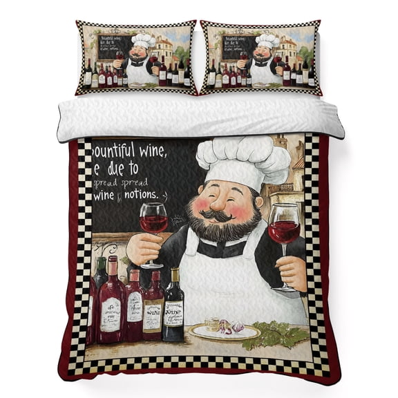 Twin XL Quilt Bedding Set, Farmhouse Chef Red Wine Soft Microfiber Summer Bedspread Coverlet with 2 Pillow Shams, Rustic Cooking Theme Buffalo Check Breathable Bedding Set for Hot Sleepers