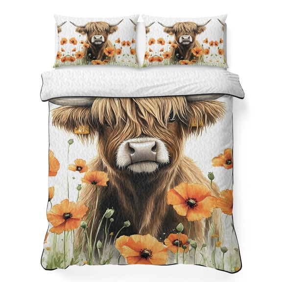 Twin XL Quilt Bedding Set, Farmhouse Highland Cattle Poppy on White 3 Piece Bedding Set Lightweight Breathable Quilt with 2 Pillow Shams, Spring Watercolor Flower Soft Microfiber Summer Comforter