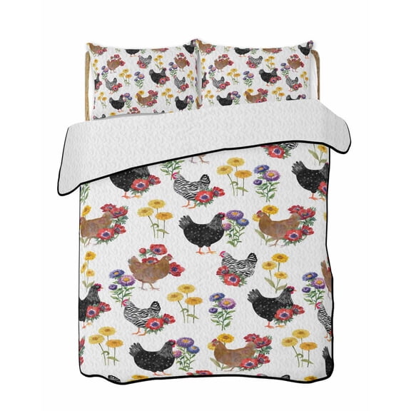 Twin XL Quilt Bedding Set, Farmhouse Rooster Reversible Summer Quilt 3 Pieces, Country Watercolor Flowers Wood Grain Lightweight Bedspreads Coverlets with 2 Pillow Shams for All Seasons