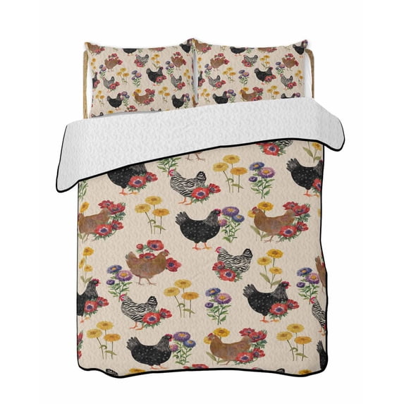 Twin XL Quilt Bedding Set, Farmhouse Rooster Reversible Summer Quilt 3 Pieces, Vintage Watercolor Flowers Beige Lightweight Bedspreads Coverlets with 2 Pillow Shams for All Seasons