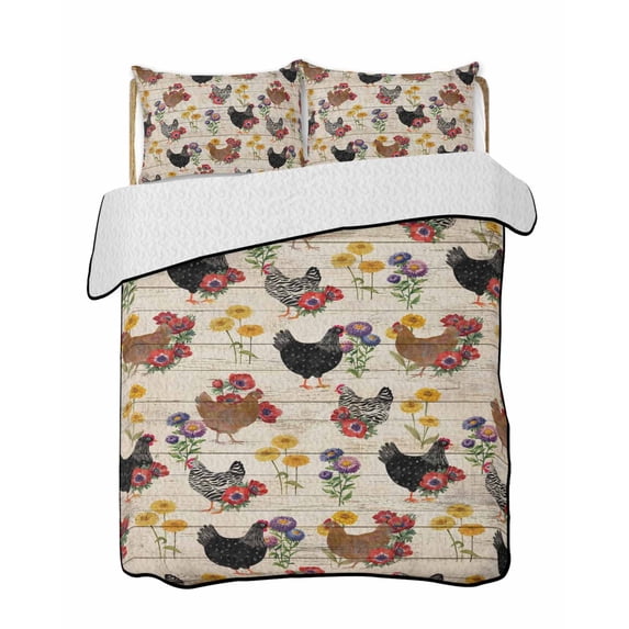 Twin XL Quilt Bedding Set, Farmhouse Rooster Reversible Summer Quilt 3 Pieces, Vintage Watercolor Flowers Wood Grain Lightweight Bedspreads Coverlets with 2 Pillow Shams for All Seasons