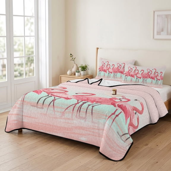 Twin XL Quilt Bedding Set, Flamingo Bird on Gradient Background Lightweight Coverlet Summer Comforter Set Soft Microfiber Bedspread, Tropical Pink Animals 3 Piece Quilt Set with 2 Pillow Shams