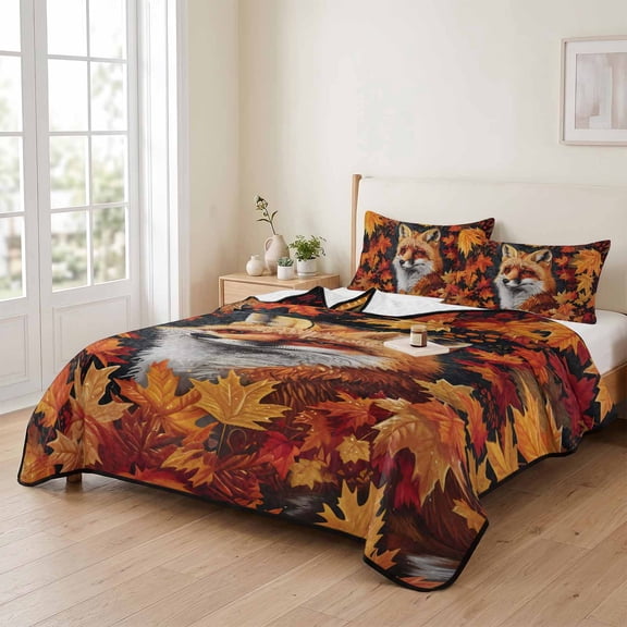 Twin XL Quilt Bedding Set, Fox Thanksgiving Maple Leaf Lightweight Coverlet Summer Comforter Set Soft Microfiber Bedspread, Farm Orange Leaf Berry 3 Piece Quilt Set with 2 Pillow Shams