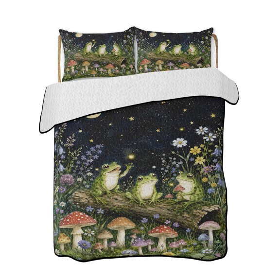Twin XL Quilt Bedding Set, Frog Flowers Reversible Summer Quilt 3 Pieces, Farmhouse Mushroom Moon Star Floral Herbs Lightweight Bedspreads Coverlets with 2 Pillow Shams for All Seasons