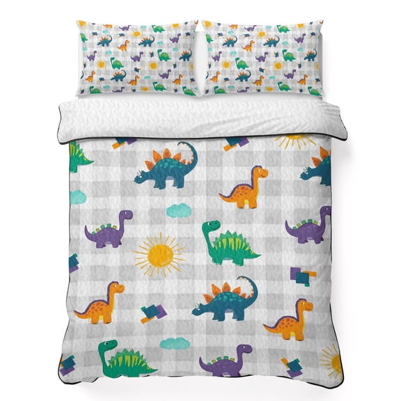 Twin XL Quilt Bedding Set, Funny Cartoon Watercolor Dinosaur Soft Microfiber Summer Bedspread Coverlet with 2 Pillow Shams, Sun Cloud on Gray Buffalo Breathable Bedding Set for Hot Sleepers