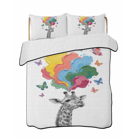 Twin XL Quilt Bedding Set, Funny Giraffes Reversible Summer Quilt 3 Pieces, Modern Abstract Art Colorful Clouds Lightweight Bedspreads Coverlets with 2 Pillow Shams for All Seasons