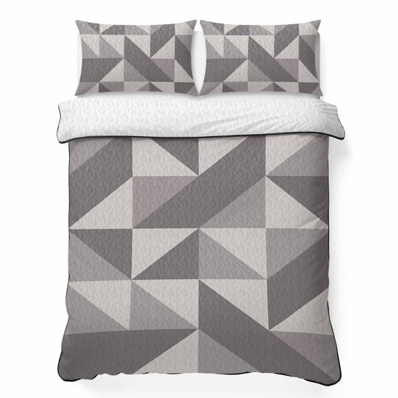 Twin XL Quilt Bedding Set, Geometric Grey Art Triangle 3 Piece Bedding Set Lightweight Breathable Quilt with 2 Pillow Shams, Abstract Geometric Pattern Soft Summer Comforter for Hot Sleepers