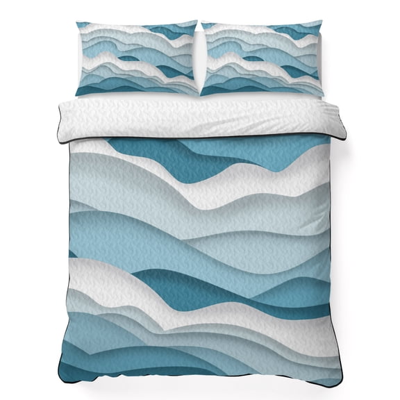 Twin XL Quilt Bedding Set Gradient Ocean Sea Waves Lightweight Summer Quilted Coverlet for Hot Sleepers, Coastal Blue White Wave Breathable Soft Cooling Blanket with 2 Pillow Shams for All Season