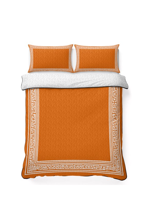 Twin XL Quilt Bedding Set Greece Geometric Key Design Lightweight Summer Quilted Coverlet for Hot Sleepers, Abstract Stripe Art on Orange Breathable Soft Blanket with 2 Pillow Shams for All Season