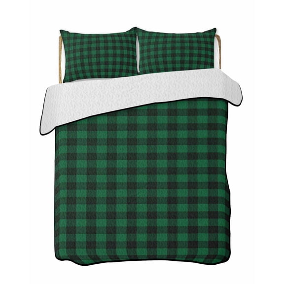 Twin XL Quilt Bedding Set, Green Black Check Reversible Summer Quilt 3 Pieces, Farmhouse Buffalo Plaid Vintage Lightweight Bedspreads Coverlets with 2 Pillow Shams for All Seasons
