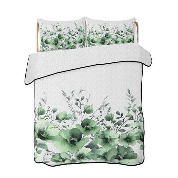 Twin XL Quilt Bedding Set, Green Blooms Floral Reversible Summer Quilt 3 Pieces, Farmhouse Spring Flowers Botanical Lightweight Bedspreads Coverlets with 2 Pillow Shams for All Seasons