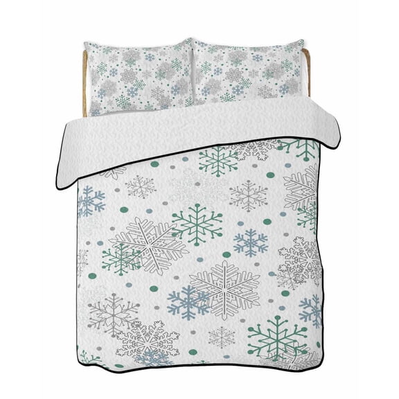 Twin XL Quilt Bedding Set, Green Snowflake Christmas Reversible Summer Quilt 3 Pieces, Xmas Snowflake Lightweight Bedspreads Coverlets with 2 Pillow Shams for All Seasons
