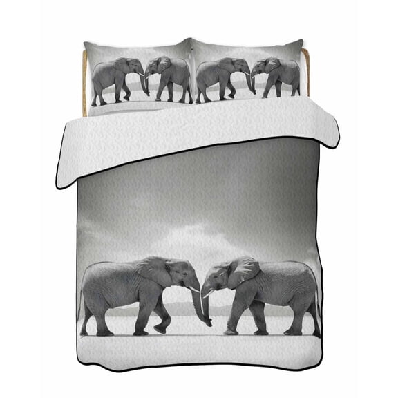 Twin XL Quilt Bedding Set, Grey Elephants Reversible Summer Quilt 3 Pieces, Modern Art Animals Lightweight Bedspreads Coverlets with 2 Pillow Shams for All Seasons