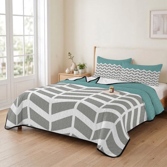 Twin XL Quilt Bedding Set, Grey Zigzag Ripple on Teal Lightweight Coverlet Summer Comforter Set Soft Microfiber Bedspread, Abstract Chevron Stripes 3 Piece Quilt Set with 2 Pillow Shams