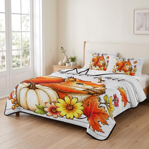 Twin XL Quilt Bedding Set, Happy Fall Red Squirrel Lightweight Coverlet Summer Comforter Set Soft Microfiber Bedspread, Retro Wood Board Background 3 Piece Quilt Set with 2 Pillow Shams