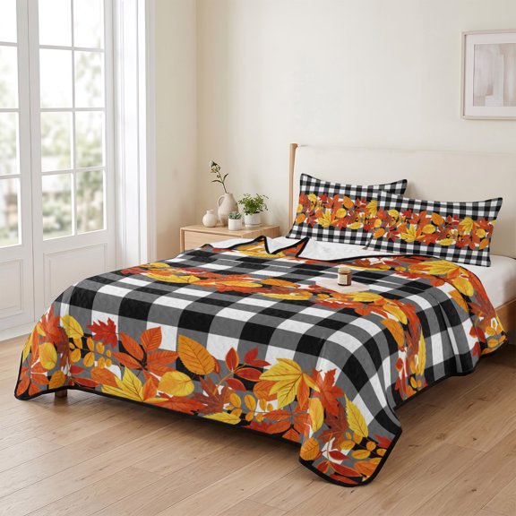 Twin XL Quilt Bedding Set, Happy Thanksgiving Fall Orange Maple Leaf Lightweight Coverlet Summer Comforter Set Bedspread, Retro Black White Buffalo Grid 3 Piece Quilt Set with 2 Pillow Shams