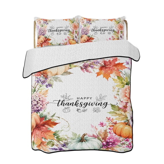 Twin XL Quilt Bedding Set, Happy Thanksgiving Reversible Summer Quilt 3 Pieces, Maple Leaves Floral Pumpkins Fall Lightweight Bedspreads Coverlets with 2 Pillow Shams for All Seasons