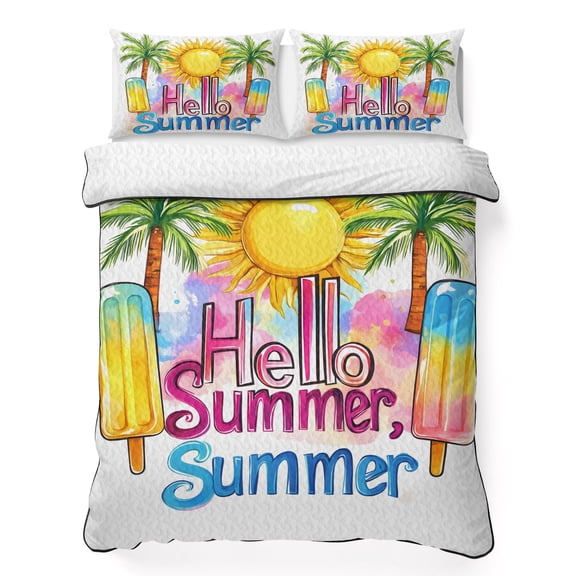 Twin XL Quilt Bedding Set, Hello Summer Text Sun Palm Tree Soft Microfiber Summer Bedspread Coverlet with 2 Pillow Shams, Colorful Ocean Seaside Theme Breathable Bedding Set for Hot Sleepers