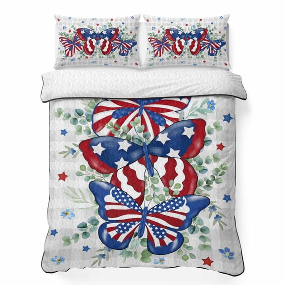 Twin XL Quilt Bedding Set, Independence Day American Flag Soft Microfiber Summer Bedspread Coverlet with 2 Pillow Shams for All Season, Eucalyptus Gray Plaid Breathable Bedding Set for Hot Sleepers