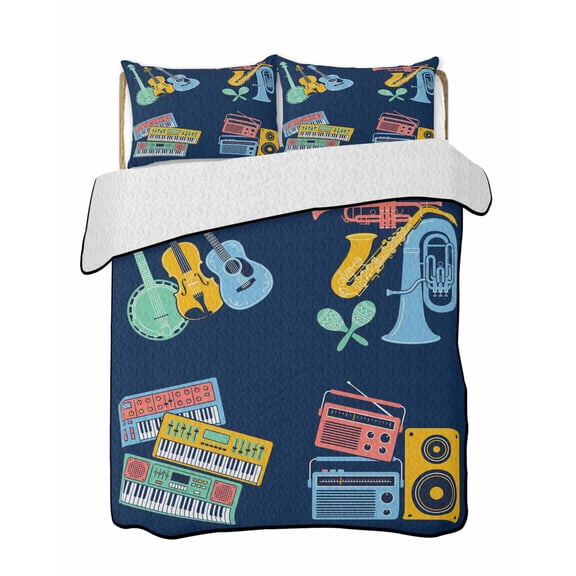 Twin XL Quilt Bedding Set, Instruments Style Reversible Summer Quilt 3 Pieces, Abstract Colorful Guitars Piano Blue Lightweight Bedspreads Coverlets with 2 Pillow Shams for All Seasons