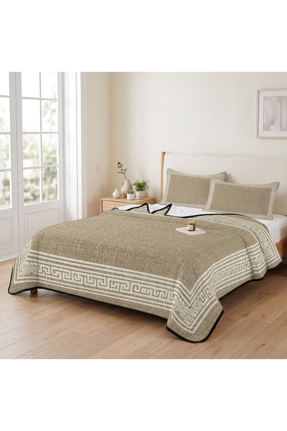 Twin XL Quilt Bedding Set, Key Design Vintage Light Brown Lightweight Coverlet Summer Comforter Set Soft Microfiber Bedspread, Greece Inspired Pattern Flax 3 Piece Quilt Set with 2 Pillow Shams
