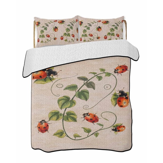 Twin XL Quilt Bedding Set, Ladybugs Eucalyptus Reversible Summer Quilt 3 Pieces, Spring Botanical Leaves Retro Lightweight Bedspreads Coverlets with 2 Pillow Shams for All Seasons