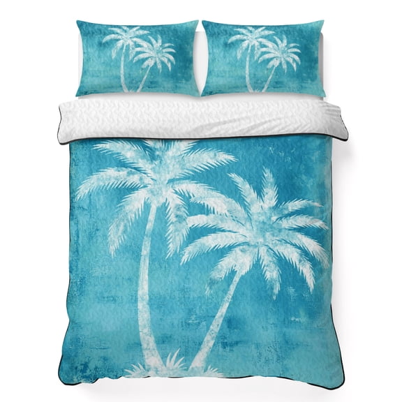 Twin XL Quilt Bedding Set Lake Blue Palm Tree Minimalist Lightweight Summer Quilted Coverlet for Hot Sleepers, Summer Tropical Leaves Breathable Soft Blanket with 2 Pillow Shams for All Season