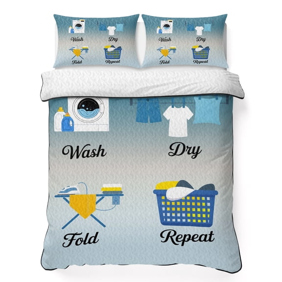 Twin XL Quilt Bedding Set, Laundry Washing Machine Clothes Soft Microfiber Summer Bedspread Coverlet with 2 Pillow Shams for All Season, Blue Gradient Breathable Bedding Set for Hot Sleepers