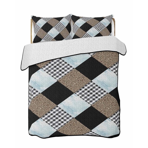 Twin XL Quilt Bedding Set, Leopard Black Plaid Reversible Summer Quilt 3 Pieces, Geometric Diamond Patchwork Lightweight Bedspreads Coverlets with 2 Pillow Shams for All Seasons