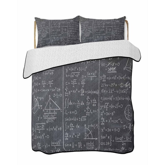 Twin XL Quilt Bedding Set, Mathematics Formulas Reversible Summer Quilt 3 Pieces, Blackboard with Math Numerical Geometric Lightweight Bedspreads Coverlets with 2 Pillow Shams for All Seasons