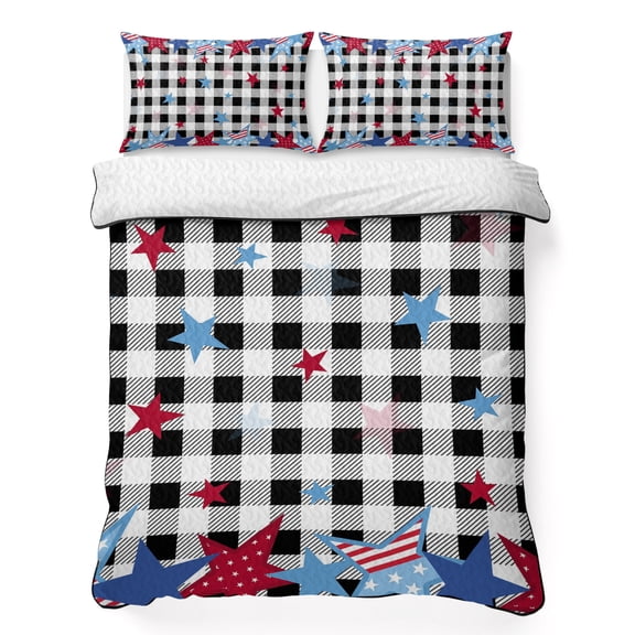 Twin XL Quilt Bedding Set, Memorial Flag Day USA Star and Stripe Soft Microfiber Summer Bedspread Coverlet with 2 Pillow Shams, Black and White Plaid Lattice Breathable Bedding Set for Hot Sleepers