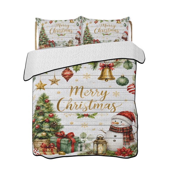Twin XL Quilt Bedding Set, Merry Christmas Reversible Summer Quilt 3 Pieces, Xmas Tree Snowman Eucalyptus Wood Lightweight Bedspreads Coverlets with 2 Pillow Shams for All Seasons