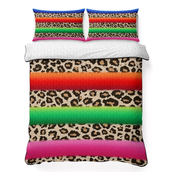 Twin XL Quilt Bedding Set Mexican Colorful Stripes Animal Print Textrue Lightweight Summer Quilted Coverlet for Hot Sleepers, Leopard Print Breathable Soft Blanket with 2 Pillow Shams for All Season